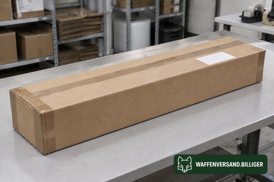 Neutral verschlossener Versandkarton ohne Hinweis auf den Waffeninhalt.