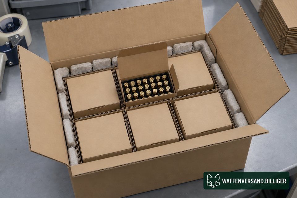Munition in festen Innenschachteln und Trays, kippsicher im Umkarton angeordnet.